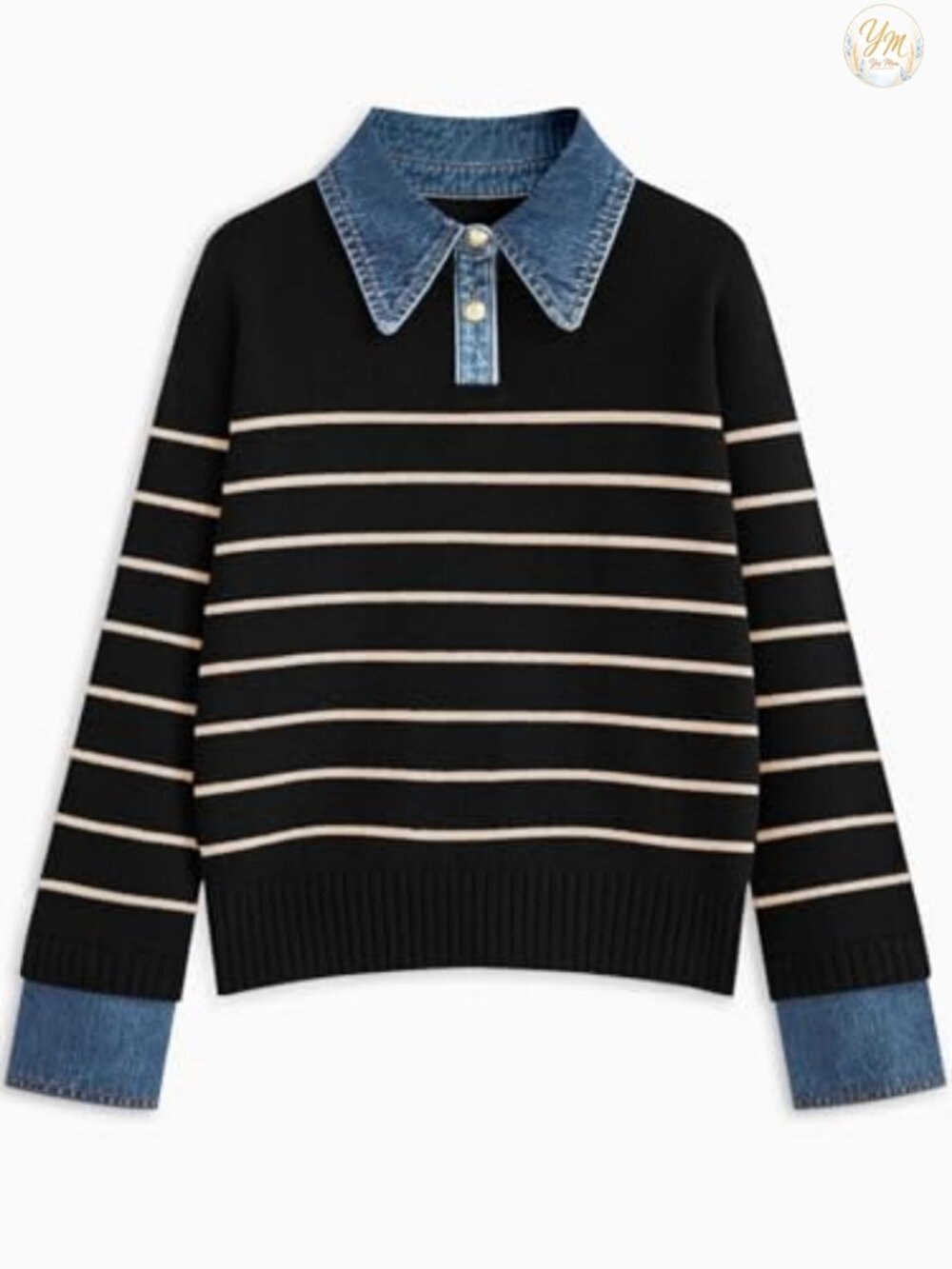 Oversized Denim Polo Knit Pullover Sweater with Metal Buttons